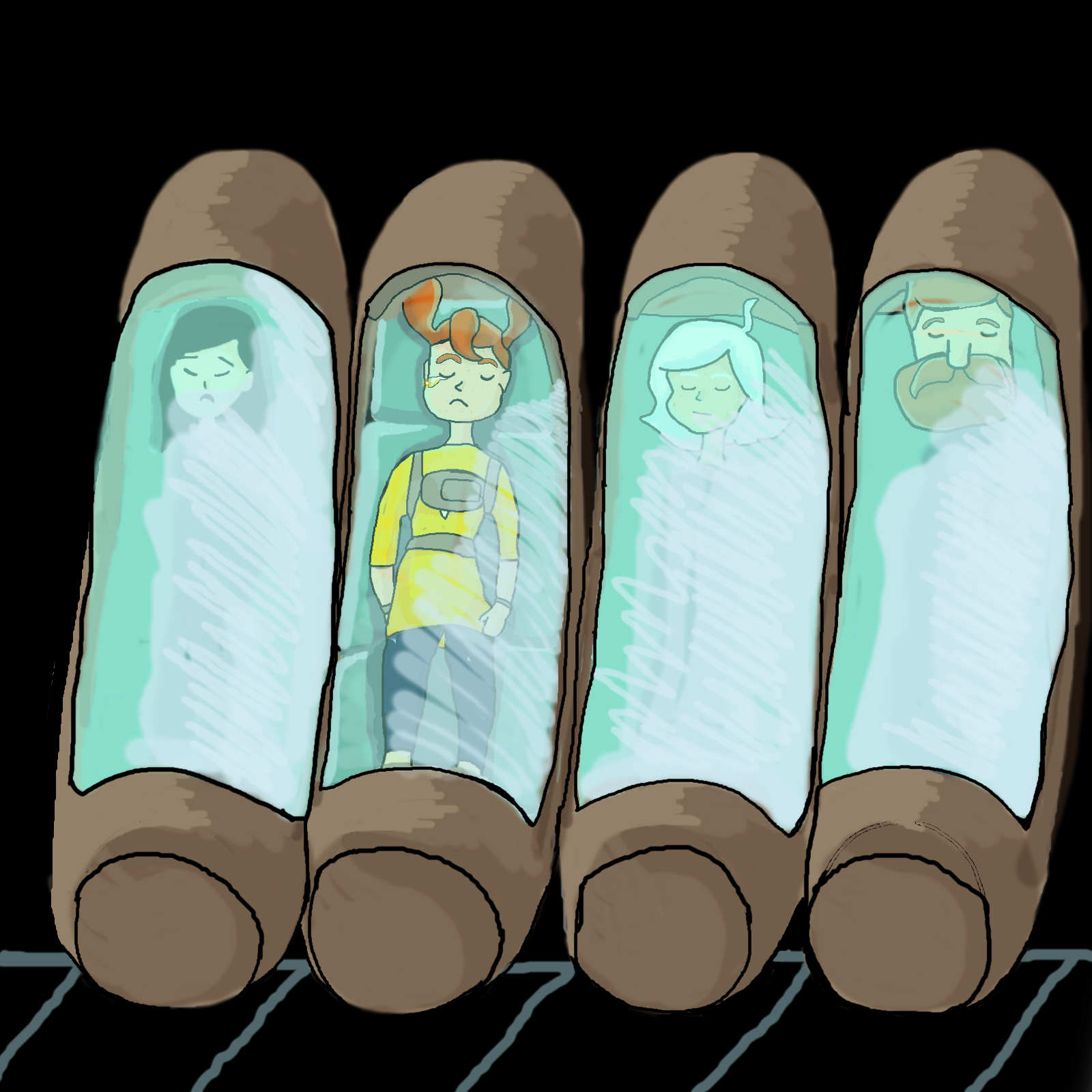 Amy in a cryotube as she travels for 30 years to Earth after her dad lost his job in an asteroid colony.
