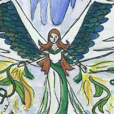A winged woman summoning plants to her aid.