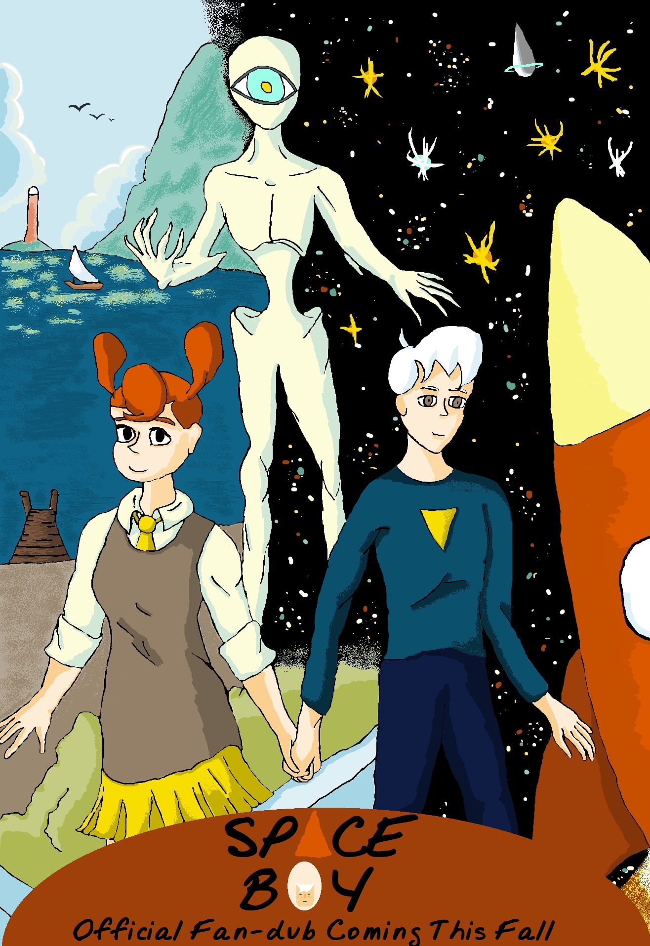 An skeletal alien stands above a boy and a girl separating space from earth.