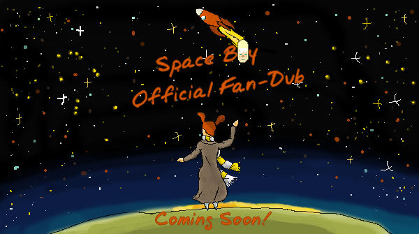 Amy, in a long coat and with her yellow and white scarf stand against the starry expanse of space with Oliver's space ship overhead in the distance.