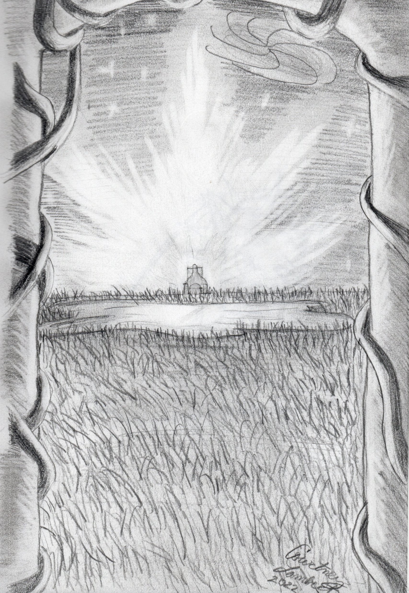 Looking through an archway, there is a throne ahead from which light comes forth.
