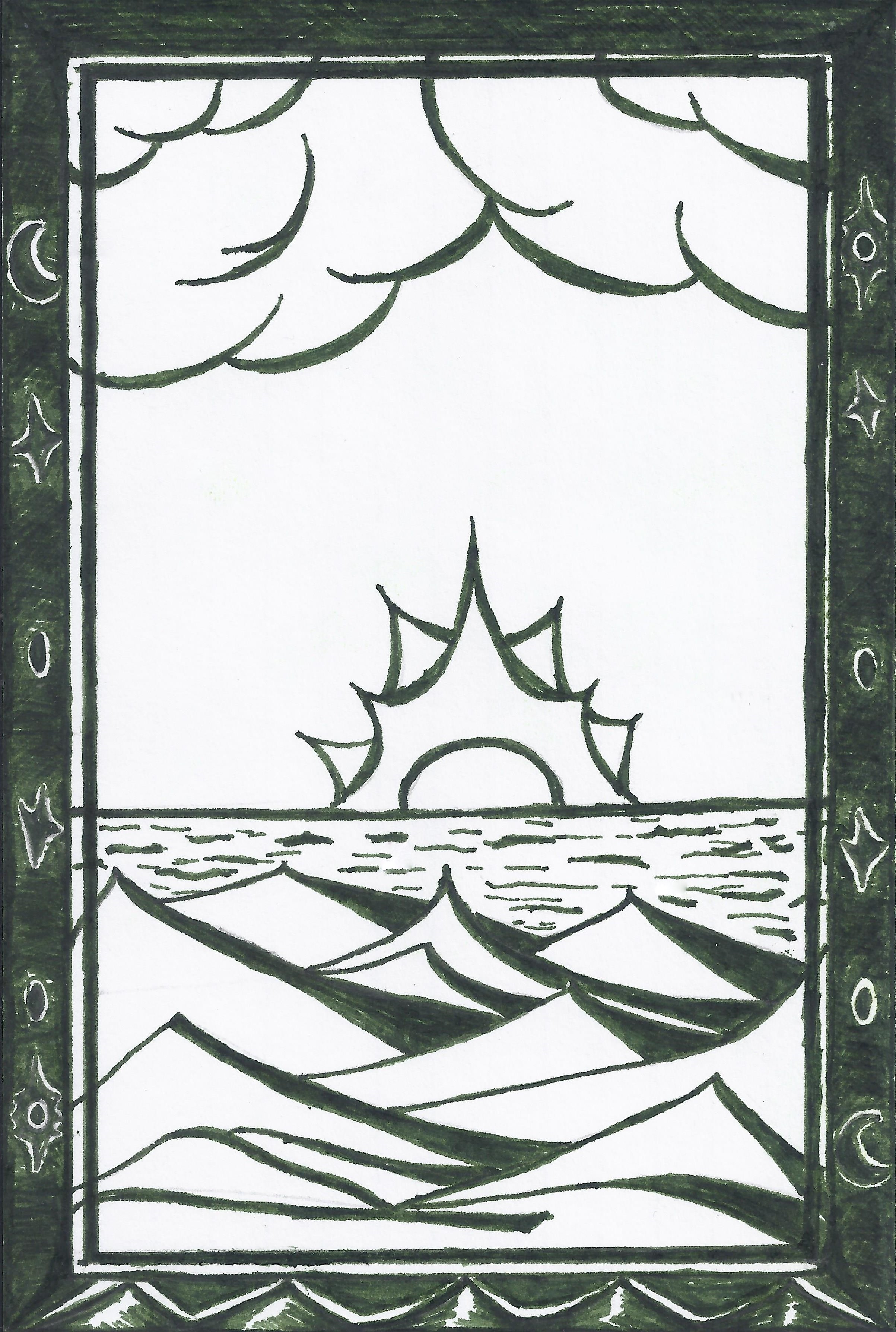 The sun setting into the ocean with mountains in the foreground