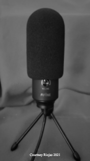 A microphone against a red background